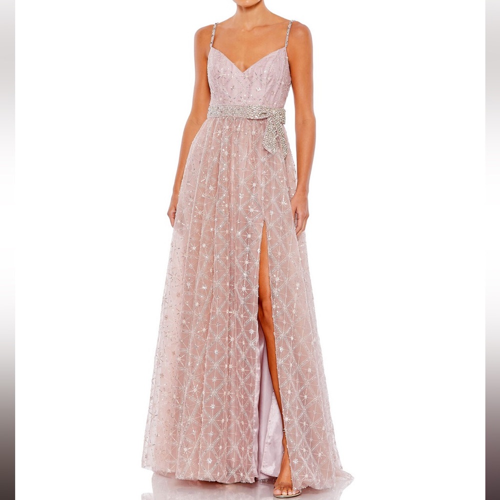 NWT Mac Duggal Sz 14 Blush Beaded Spaghetti-Strap Rhinestone Bow Belt 68050
